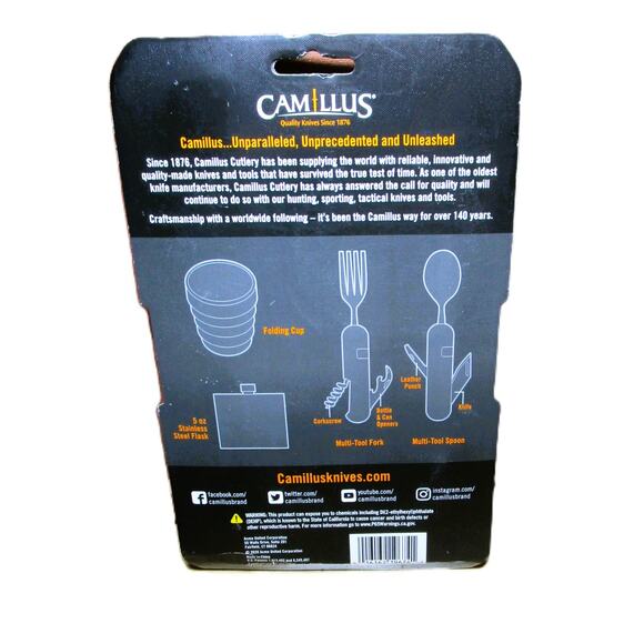 Camillus Camping Kit 4 pieces Folding Cup, Flask, Multi-Tool Spoon and Fork - Picture 3 of 3